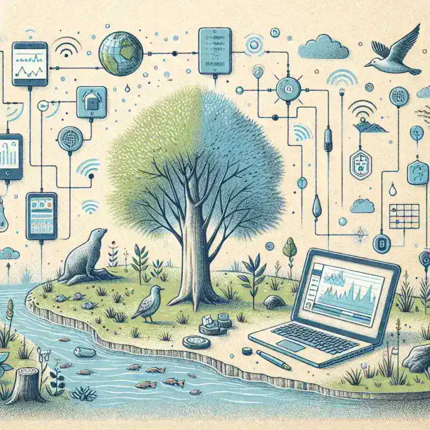 "Sensor IoT para monitoreo ambiental, mostrando mediciones de calidad del aire y datos de temperatura en un entorno natural."