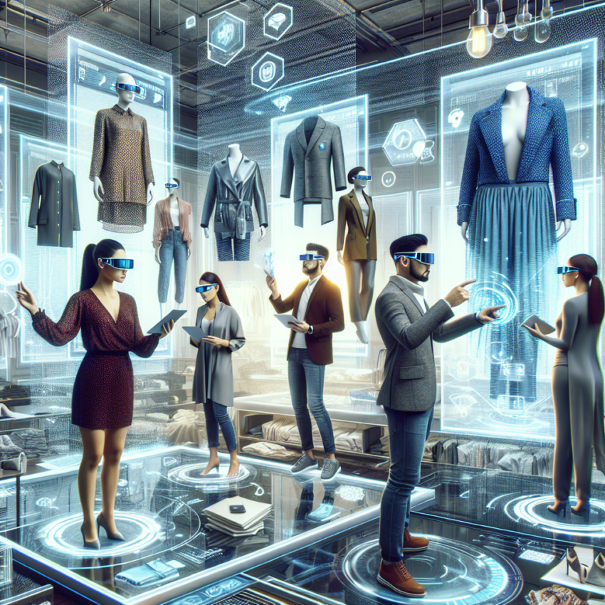 "Modelo utilizando un probador virtual con tecnología de realidad aumentada para probar ropa de forma interactiva en un entorno digital, ilustrando el futuro de la moda y la experiencia de compra online."