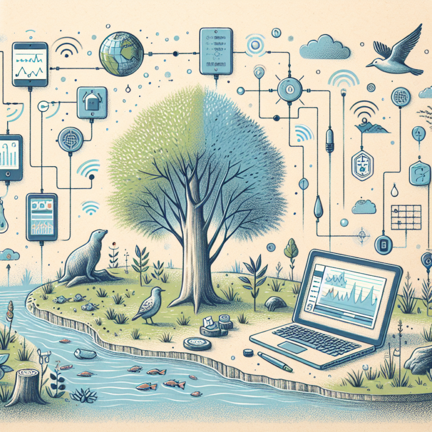 "Sensor IoT para monitoreo ambiental, mostrando mediciones de calidad del aire y datos de temperatura en un entorno natural."