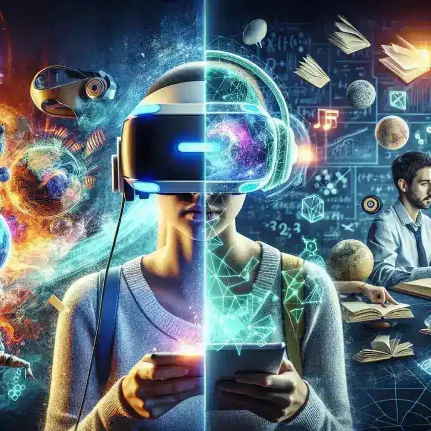"Ilustración de un usuario interactuando con dispositivos de realidad aumentada y virtual en un entorno educativo y de entretenimiento, mostrando cómo estas tecnologías transforman la experiencia de aprendizaje y diversión."